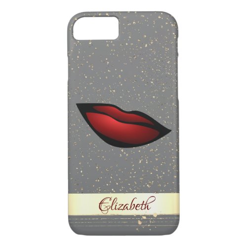 Red Lips Confetti Gold Stripe _ Personalized iPhone 87 Case