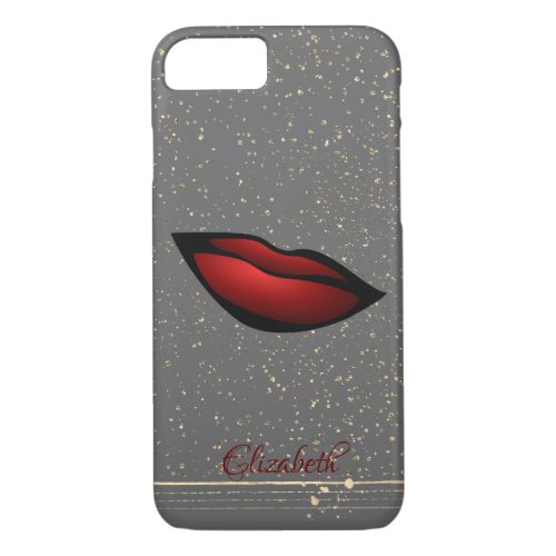 Red Lips Confetti Gold Stripes _ Personalized iPhone 87 Case