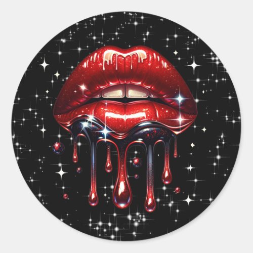 Red Lips Dripping Glitter Glam Faux Sparkle Classic Round Sticker