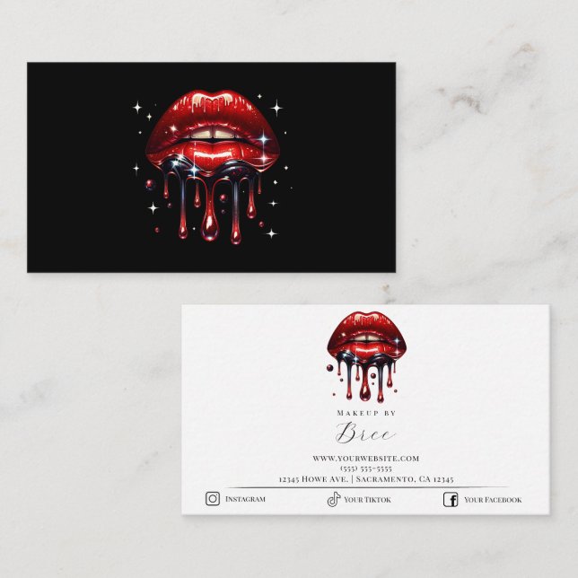 Red Lips Dripping Glitter Glam Makeup Artist Business Card (Front/Back)