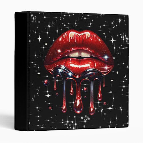 Red Lips Dripping Glitter Glam Sparkle 3 Ring Binder