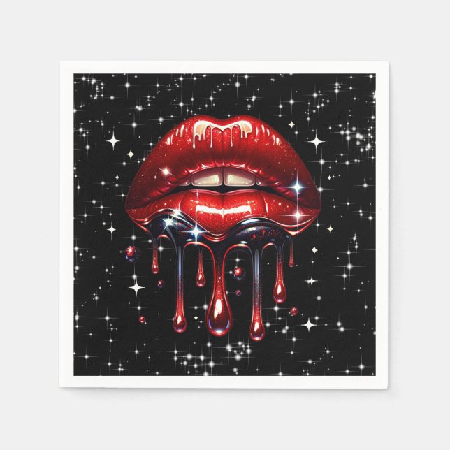 Red Lips Dripping Glitter Glam Sparkle Birthday  Napkins (Front)