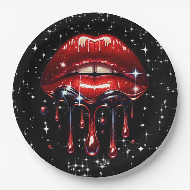Red Lips Dripping Glitter Glam Sparkle Birthday  Paper Plates (Front)