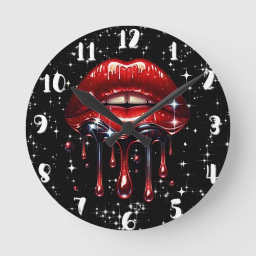 Red Lips Dripping Glitter Glam Sparkle Birthday  Round Clock