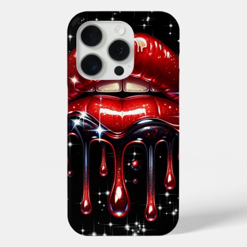 Red Lips Dripping Glitter Glam Sparkle iPhone 15 Pro Case