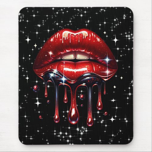 Red Lips Dripping Glitter Glam Sparkle Mouse Pad