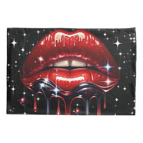 Red Lips Dripping Glitter Glam Sparkle Pillow Case