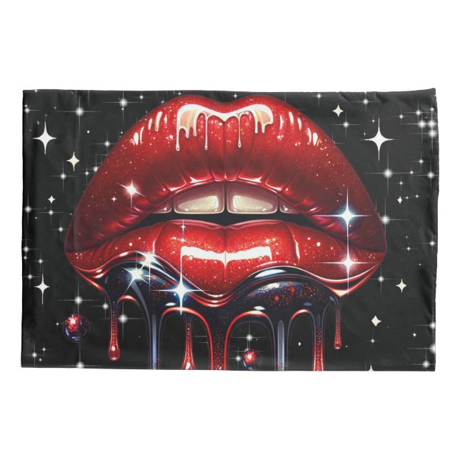 Red Lips Dripping Glitter Glam Sparkle Pillow Case (Back)