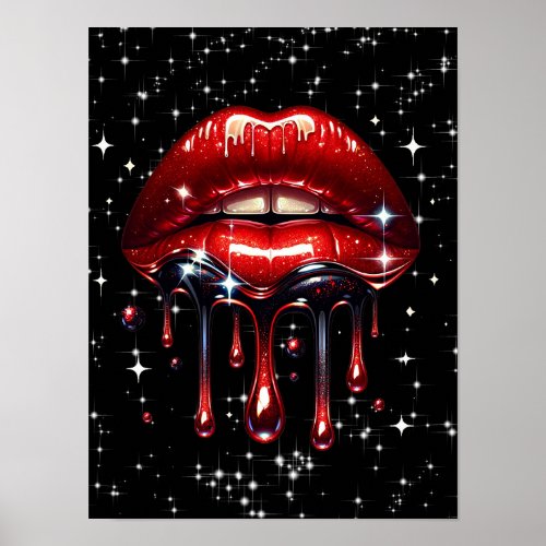 Red Lips Dripping Glitter Glam Sparkle Poster