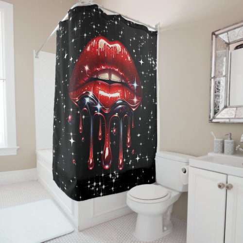 Red Lips Dripping Glitter Glam Sparkle Shower Curtain