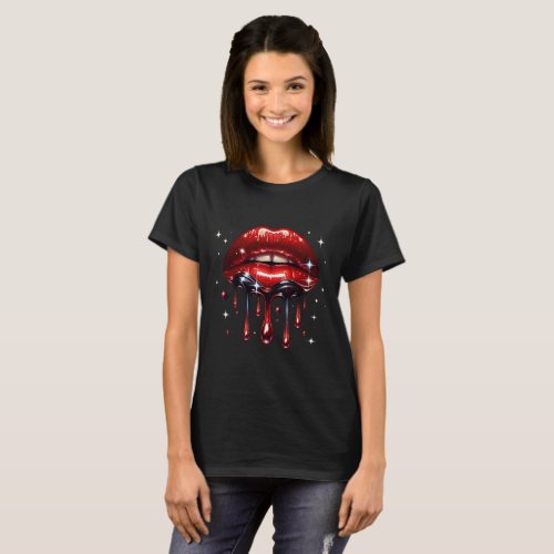 Red Lips Dripping Glitter Glam Sparkle T_Shirt