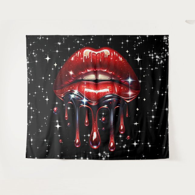 Red Lips Dripping Glitter Glam Sparkle Tapestry (Front (Horizontal))