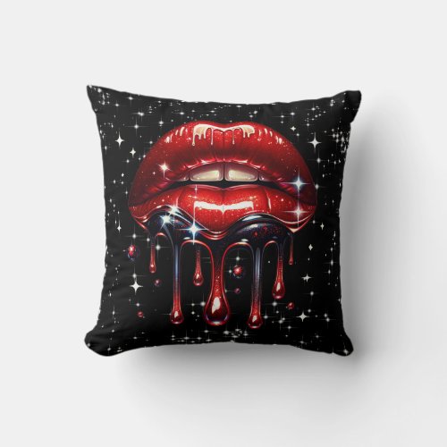 Red Lips Dripping Glitter Glam Sparkle Throw Pillow