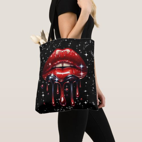 Red Lips Dripping Glitter Glam Sparkle Tote Bag