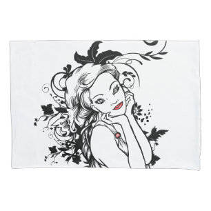 Red Lips Floral Girl Pillow Case