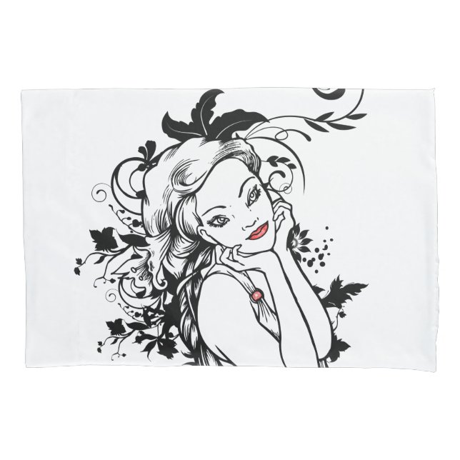 Red Lips Floral Girl Pillow Case (Front)