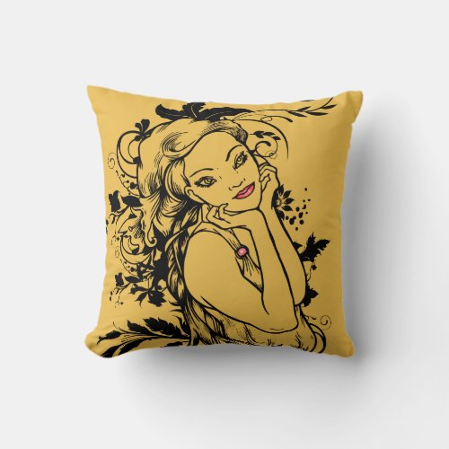 Red Lips Floral Girl Throw Pillow