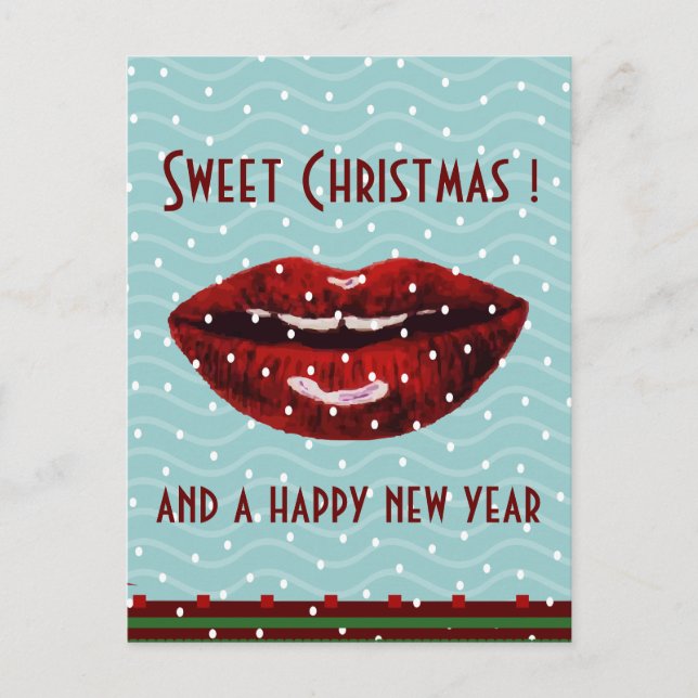 red lips  green xmas greetings holiday postcard (Front)