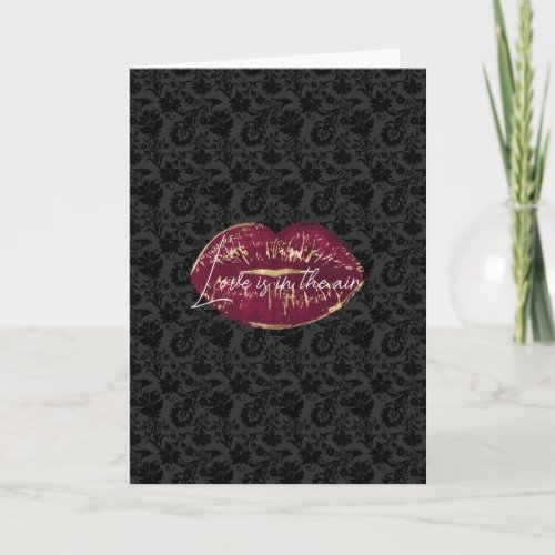 Red Lips Kiss Black Floral Card