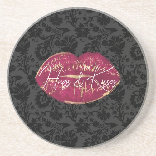 Red Lips Kiss Black Floral Coaster