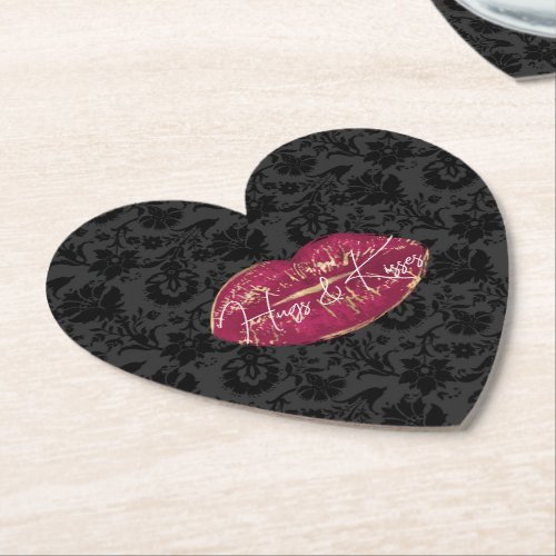 Red Lips Kiss Black Floral Paper Coaster