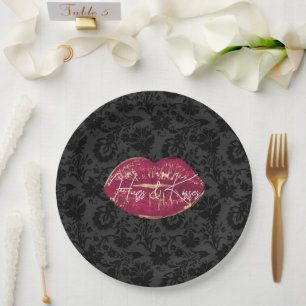 Red Lips Kiss Black Floral Paper Plates