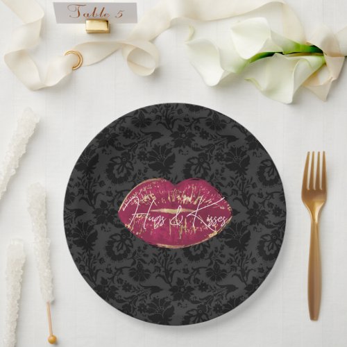 Red Lips Kiss Black Floral Paper Plates