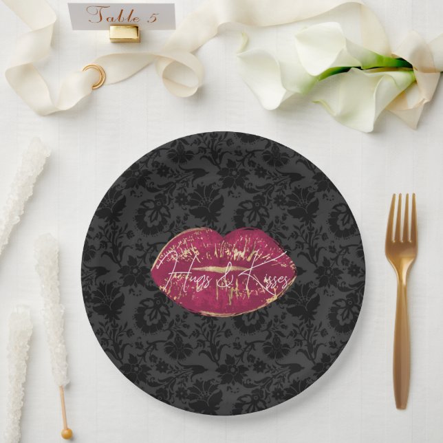 Red Lips Kiss Black Floral Paper Plates (Wedding)