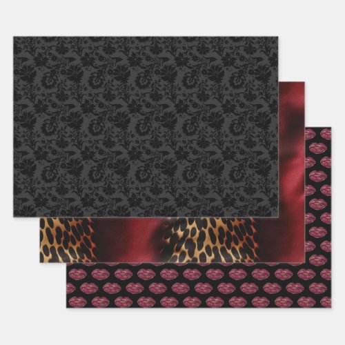 Red Lips Kiss Black Floral Wrapping Paper Sheets