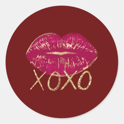 Red Lips Kiss Gold Glitter XOXO Classic Round Sticker