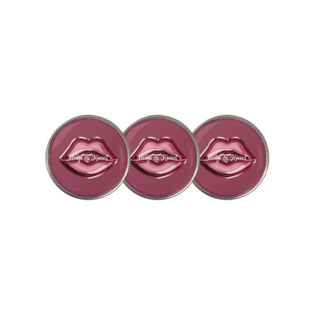Red Lips Kiss Hearts Golf Ball Marker (3 Up)