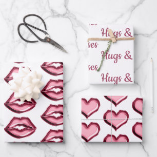 Red Lips Kiss Hearts Wrapping Paper Sheets
