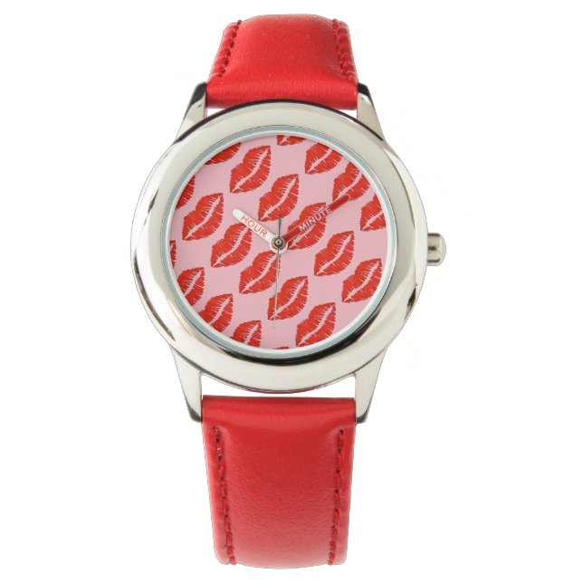 Red Lips Kiss Kisses Hearts Love Valentine's Day Watch (Front)