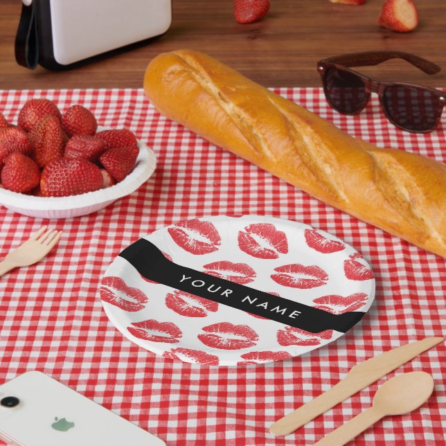 Red Lips, Kiss, Lipstick, Your Name, Personalise Paper Plates (Picnic)