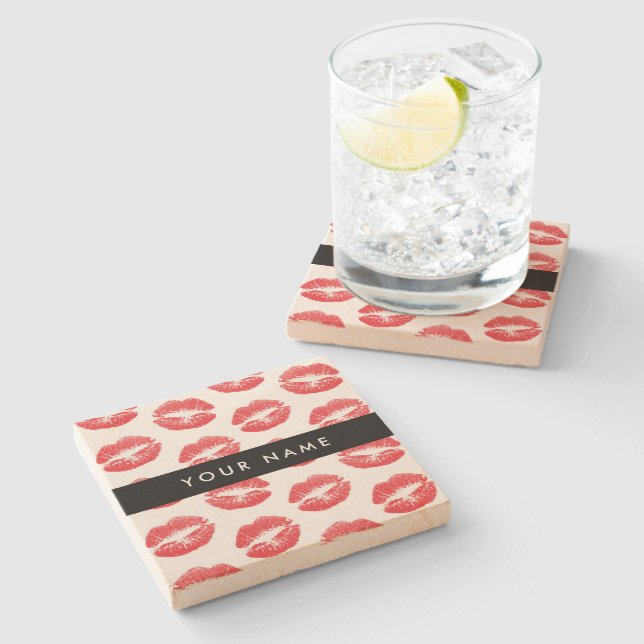 Red Lips, Kiss, Lipstick, Your Name, Personalise Stone Coaster (Side)