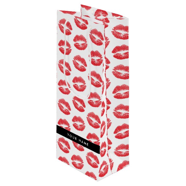 Red Lips, Kiss, Lipstick, Your Name, Personalise Wine Gift Bag (Front Angled)
