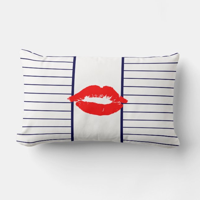Red Lips Kiss Love Blue Stripes Cushion (Front)