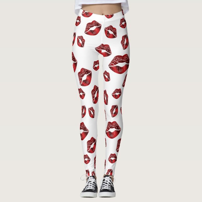 Red Lips Kiss Pattern Leggings (Front)