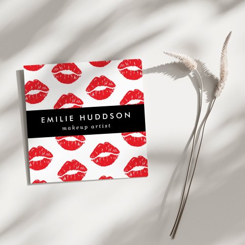 Red Lips Kiss Pattern Of Lips Makeup Artist Square Business Card