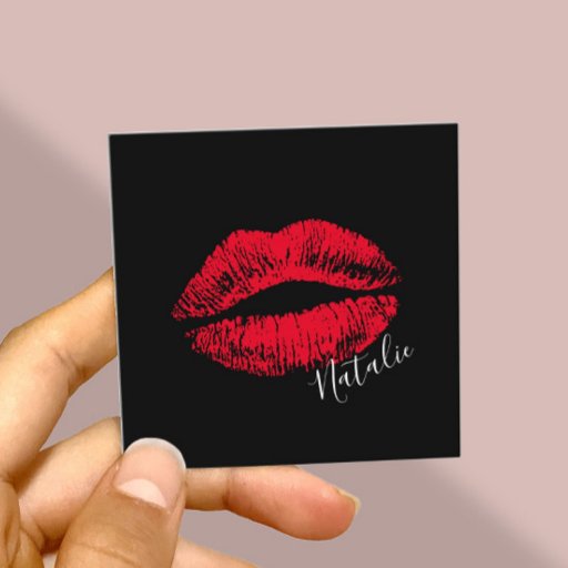 Customizable Red Lips Kiss Signature Makeup Artist Plain Black Square Business Card
