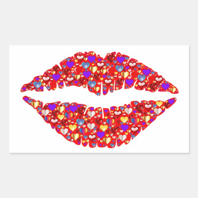 Red Lips Kiss with Sparkling Gems Hearts Rectangul Rectangular Sticker (Front)