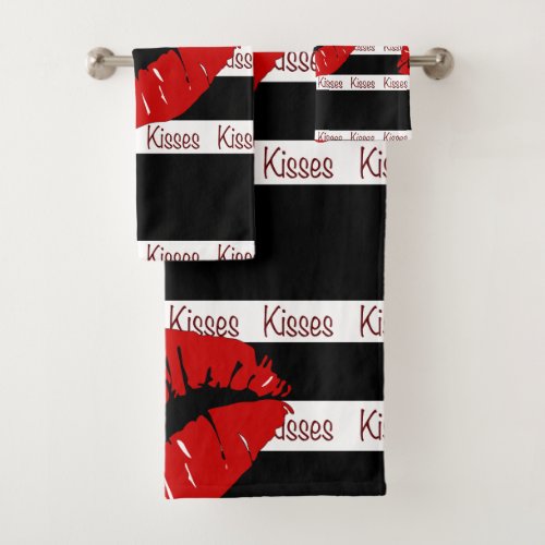Red Lips Kisses Black Striped Bath Towel Set