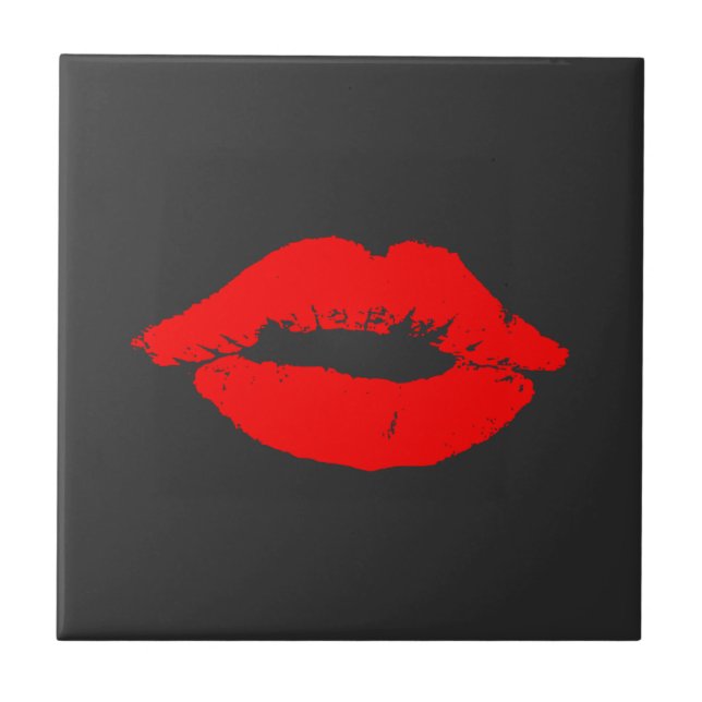 Red Lips Kisses Kiss Black Ceramic Tile (Front)
