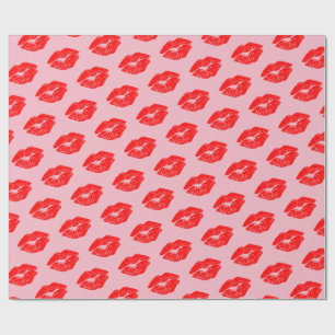 Red Lips Kisses on Pink Wrapping Paper