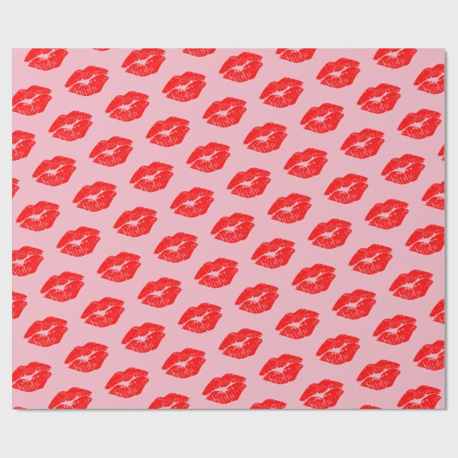 Red Lips Kisses on Pink Wrapping Paper (Flat)