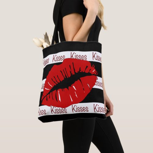 Red Lips Kisses Striped All Over Tote Bag