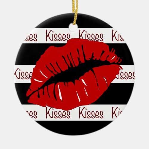Red Lips Kisses Striped Ceramic Ornament