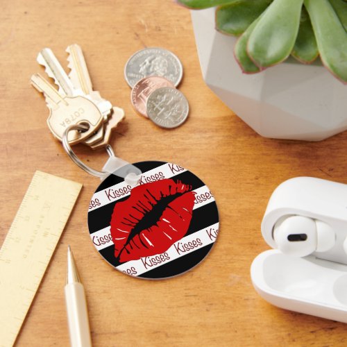 Red Lips Kisses Striped Keychain