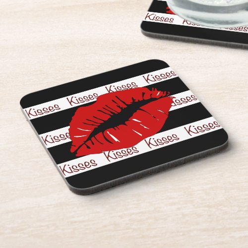Red Lips Kisses Striped PlasticCork Coasters 6