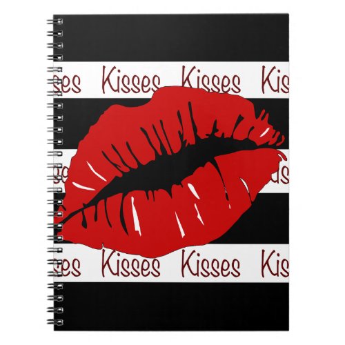 Red Lips Kisses Striped Spiral Photo Notebook